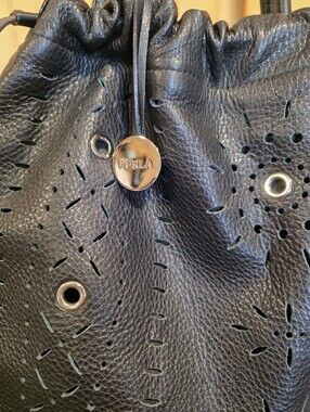 Furla Black Perforated With Grommets Pebbled Leather Drawstring Hobo